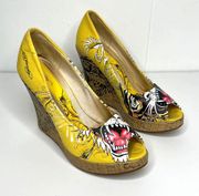 Ed Hardy Yellow Peep Toe Cork Wedge Heels Size 8