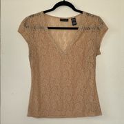 Vtg NY&Co Office Siren Nude Lacy Stretch V-neck Bling Y2k stretch baby tee sz M