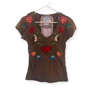 Joystick T-Shirt Women's  Brown Embroidered Bird Top