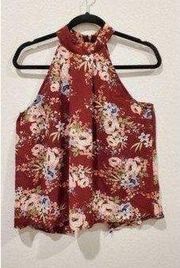 BLUE RAIN Burgundy Floral Halter Boho Top 