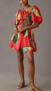 Tropical Puff Sleeve Cutout Mini Dress, Size S