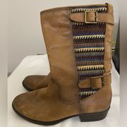 Gianni Bini Boots Womens Brown Leather Western Shoes Comfort Mid Calf Tapestry