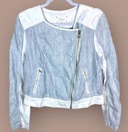 Lou & Grey Womens Linen Moto Jacket Sz M Blue White Stripe‎ Asymmetric Full Zip