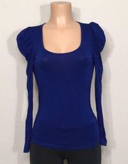 Three Dots scoop neck blue puff sleeve t-shirt.