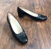 Salvatore Ferragamo • vintage black patent pumps heels block round toe chain