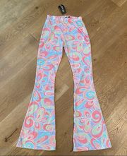 Boohoo Abstract Print Jersey Flare Pants in Multi Pastels