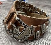 Vintage Western Leather Belt With Metal Detailing Size 34 Inches