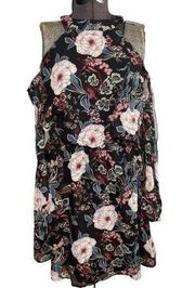 NWT One Hart Black Dress w/ Floral Designs and Bare Shoulders Size Medium