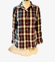 Los Angelos button down shirt lace edged long sleeves plaid size medium