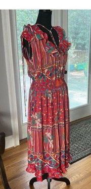 Vintage Diane Freis Red Georgette Tassel Bohemian Gypsy Maxi Dress Medium