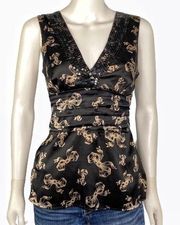 Bebe Black Sequin Tan Bow Silk Top Size M