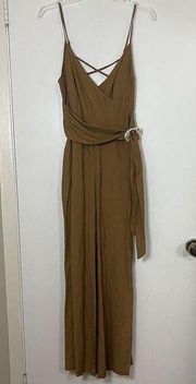 MOON RIVER Tan brown belted sleeveless jumpsuit split leg size small