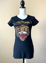 ED HARDY | Vintage Black Y2K Fitted Graphic Tee Sz XS