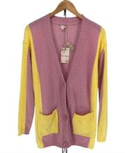 Hem & Thread Cardigan Strawberry Lemomade Fuzzy Knit Pink Yellow Sweater NWT