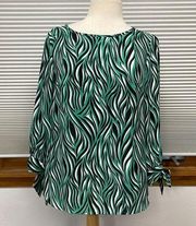 S // Black Label by Evan Picone Green Zebra Print 3/4 Tied Sleeve Blouse