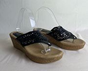 Spring Step Leather Thong Sandal Wedge Heels Laser Cut Floral Black  Tan 8