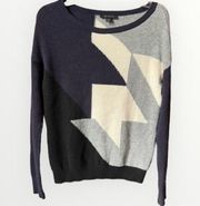 Colorblock Wool Cashmere Blend Sweater Blue Cream Gray Size M