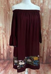 Solitaire Burgundy Floral Embroidered Off The Shoulder Dress