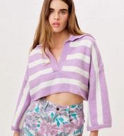 NWT For Love & Lemons Maud Boxy Crop Purple White Sweater Size Small