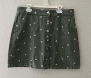 Green denim silver button up daisy printed mini skirt