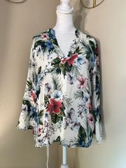 Liberty Love Cream Pink Blue Floral Bell Sleeve V Neck Blouse Large