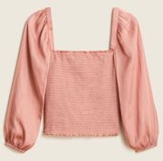 J.Crew Squareneck Smocked Featherweight Pink Satin Long Sleeve Crop Top