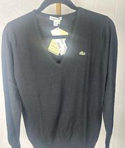 New Lacoste Extrafine Merino Wool Sweater Size 38 (US 6) Black v-neck Cinched