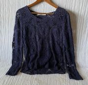 Solitaire Crochet Open Knit Navy Blue Sweater Medium