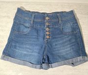 Tinseltown Womens Denim Button Fly Blue Summer Stretch Comfy High Waist shorts