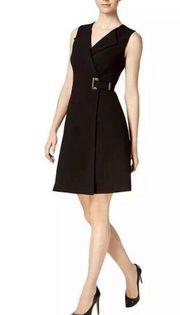 Calvin Klein Womens Black Buckled Faux Wrap Wear to Work Dress 4 Black