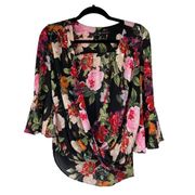 Inc. Black Red Pink Floral Front Crossover Bell Sleeve Blouse