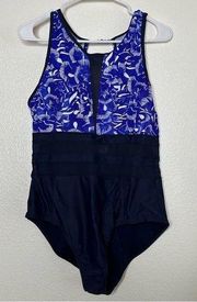 Athleta Batik Floral Mesh Cut Out Swimsuit Bathing Suit Large