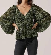 ASTR THE LABEL Black/Green Ditsy Floral Drama Sleeve Ruffle Plisse Top-Size XS