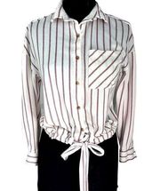 Sz S Polly & Esther White Red Striped Button Down Top with Drawstring Hem