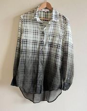 TWO BY VINCE CAMUTO GINGHAM PRINT BUTTON DOWN SHIRT SEMI SHEER WOMENS SI…