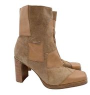 Vintage Y2K Candie's Tan Leather Suede Patchwork Chunky Heeled Boots Size 8