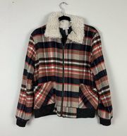 Knox Rose | Plaid Sherpa Collar Zip Front Bomber Jacket Size Medium