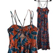 Jason Wu Terracotta and Teal Floral Linen Blend Boho Tropical Midi Dress Small