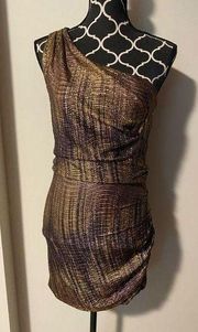 NWT B. Darlin Gold and Purple Metallic One Shoulder Lined Dress size 3/4