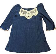 Women's Blouse Top 3/4‎ Sleeve Crochet Lace Scoop Neck Blue Cream Medium