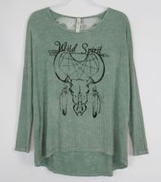 Mint Green Boho Acid Wash Crochet/Lace Back Long Sleeve Top