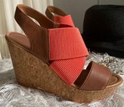 Kenneth Cole Reaction Cork Wedge Leather and Elasticized Strap Coral Sandals
