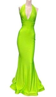 Jessica Angel 378 Halter Tie Back Ruched Back Gown Neon Lime Size Small NWT