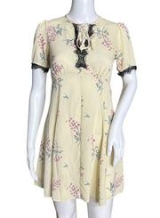 Miss Selfridge Fit & Flare Dress Cream Pink Floral Black Lace Trim Keyhole Neck