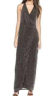 NWT Parker Theron Liquid Silver Beaded Dress 0 New with Tags Black Vneck Split