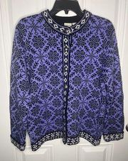 Vintage LL Bean Rare Fisherman Cardigan Purple Black w/Buttons Nordic Fair Isle