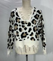 Rue 21 Cropped White Fringed Leopard Print Sweater Size XS