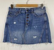 FP We The Free Button Fly Distressed Raw Hem Denim Jean Mini Skirt