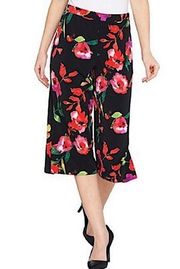 NEW Susan Graver floral wide leg high rise pull on capri pants black red XL