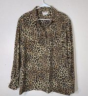 Vintage Maggy London 100% Silk Blouse Brown Animal Print Button Down Size 14